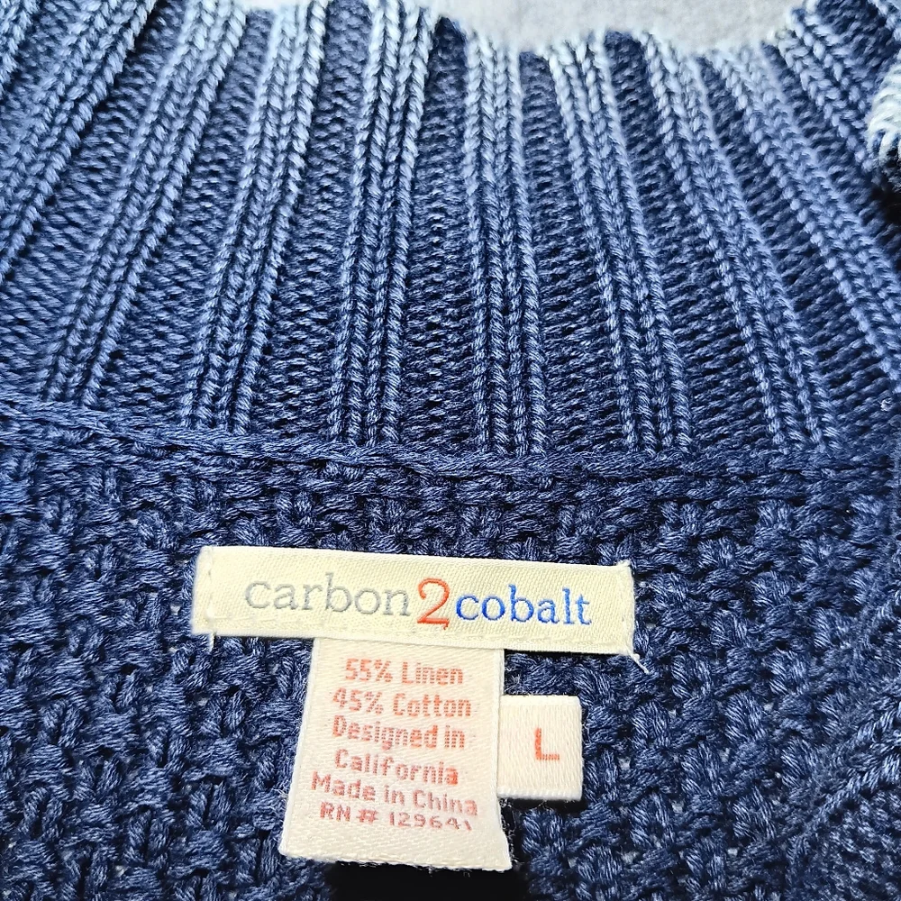 Carbon 2 Cobalt Mens Large Linen Blend Full Zip Cable Knit Sweater, Heavy Knit